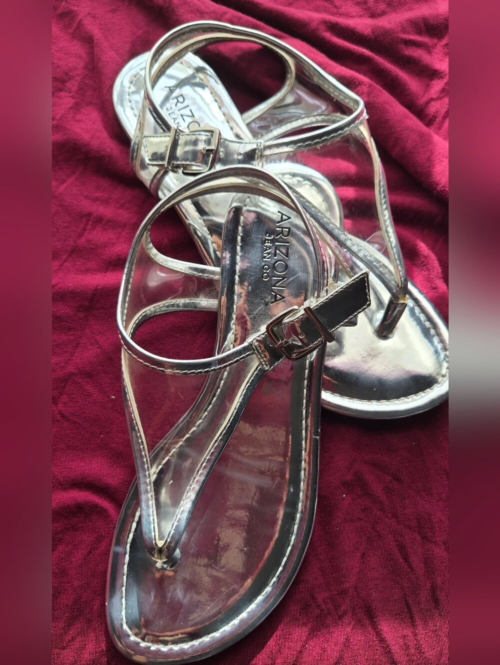 Arizona Jean Co Brenna Silver Metallic Clear Strap Sandals Size 6